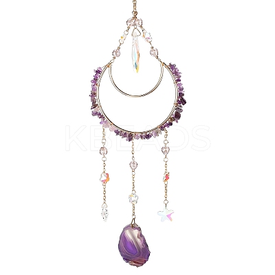 Moon Iron & Natural Amethyst Chip Pendant Decorations AJEW-Q143-09-1