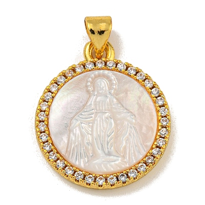 Rack Plating Brass Micro Pave Clear Cubic Zirconia Flat Round Pendants KK-U025-10G-03-1