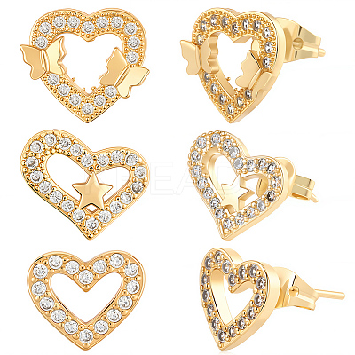 3 Pairs 3 Styles Brass Micro Pave Clear Cubic Zirconia Stud Earrings for Women EJEW-BBC0002-10-1