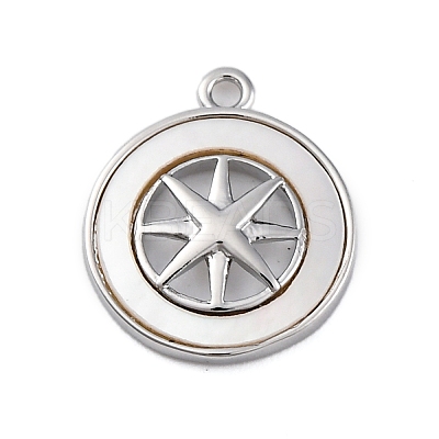 Brass Pave Natural Shell Flat Round with Star Charms KK-P289-06P-1