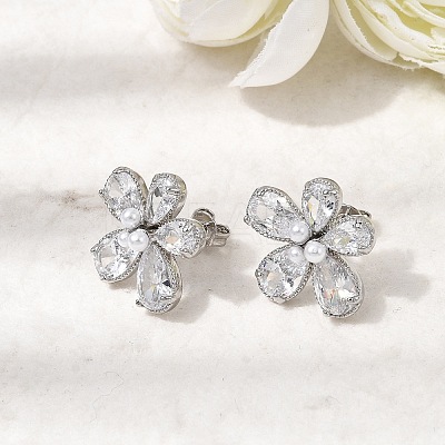 Flower Brass Micro Pave Clear Cubic Zirconia Stud Earrings EJEW-P333-02P-1