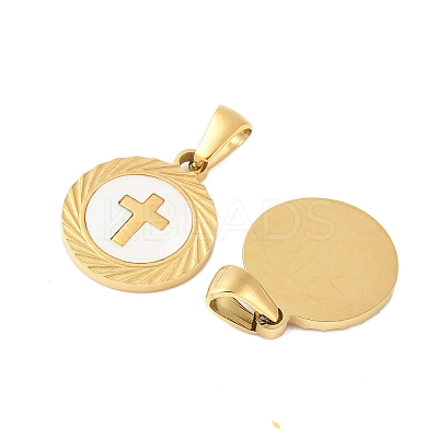 304 Stainless Steel Pave Natural White Shell Flat Round Pendant Necklaces STAS-R168-23G-01-1