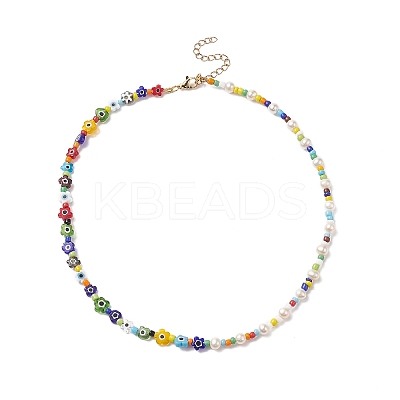 Natural Pearl & Millefiori & Seed Glass Beaded Necklace for Women NJEW-JN04161-1
