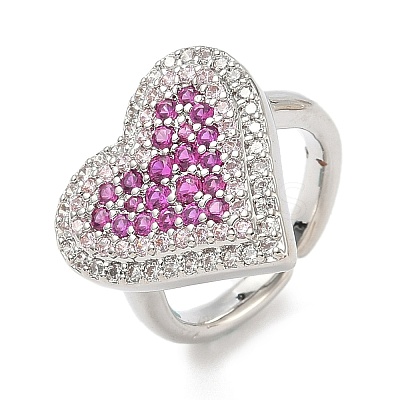 Heart Brass Micro Pave Cubic Zirconia Cuff Rings for Women RJEW-A069-12P-1