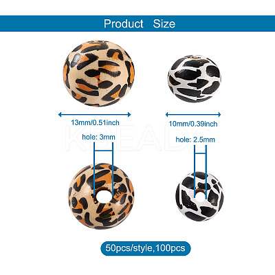 100Pcs 2 Patterns Printed Natural Wooden Beads WOOD-BY0001-01-1