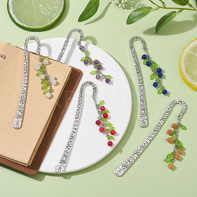 Mixed Natural Gemstone Bead Pendant Bookmarks with Acrylic Leaf AJEW-JK00272-1