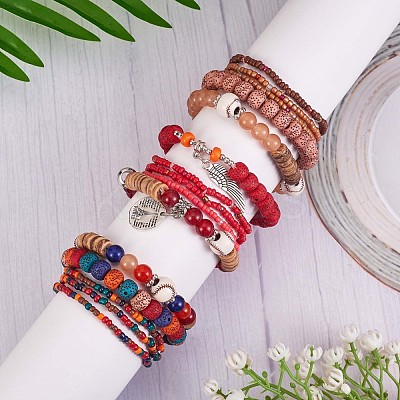5Pcs 5 Style Wood & Glass Seed & Acrylic Beaded Stretch Bracelets Set with Baseball JB709B-1