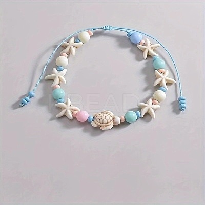 Bohemian Style Acrylic Starfish Turtle & Round Glass Beaded Braided Anklets for Women FS-WG26544-01-1