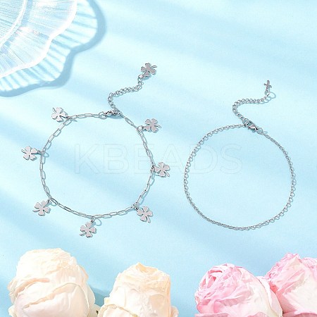 2Pcs 2 Styles 304 Stainless Steel Cable Chain Paperclip Chain Charm Double Layer Anklets for Women AJEW-AN00740-02-1