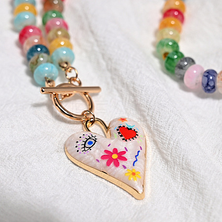 Alloy Enamel Heart Pendant Colorful Glass Rondelle Beaded Necklaces with OT Clasps for Women FS-WG6FAC1-03-1