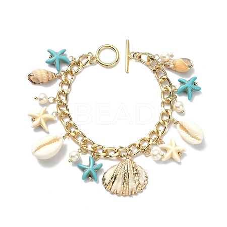 Natural Shell & Shell Pearl & Synthetic Turquoise Starfish Charm Bracelet BJEW-TA00352-1