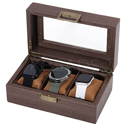 3-Slot Wood Covered with PU Leather Watch Storage Boxes with Glass Visible Window Hinged Lids and Lint Pillows Inside CON-WH0113-10B-1