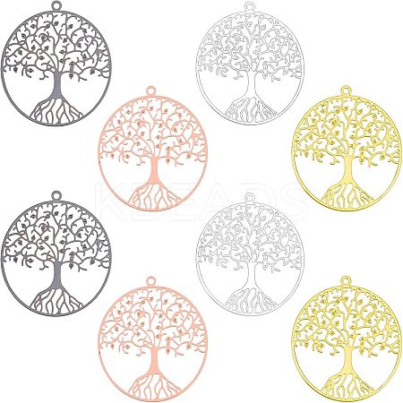 8Pcs 4 Colors Filigree Tree of Life Brass Pendants KK-NB0002-56-1