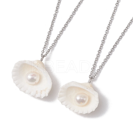 Natural Clam Shell & Imitation Pearl Pendant Necklaces NJEW-JN05006-1