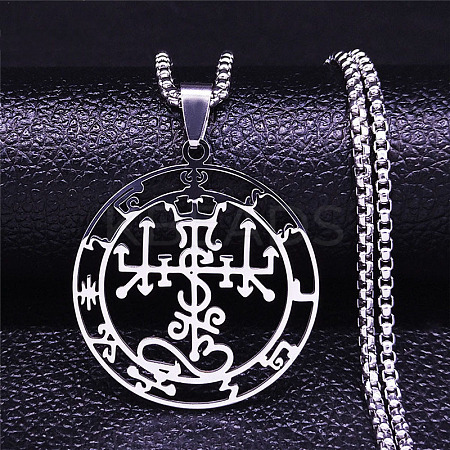 201 Stainless Steel Flat Round Sigil Pendant Necklaces NJEW-H065-19P-1