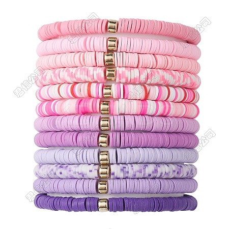 12Pcs 12 Colors Handmade Polymer Clay Heishi Beads Stretch Bracelet Set for Women BJEW-JB09548-S-1
