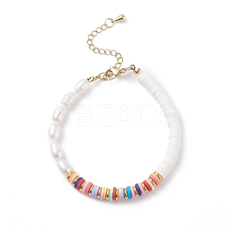 Natural Pearl & Polymer Clay Beaded Bracelet BJEW-TA00085-1