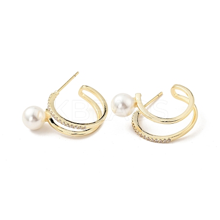Clear Cubic Zirconia C-shape Stud Earrings with Acrylic Pearl EJEW-G297-04G-1