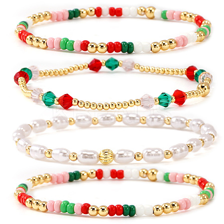 4Pcs Bohemian Glass Seed Bead & Plastic Pearl Beads Stretch Bracelets for Women WD6456-1-1