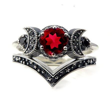 Gothic Purple Crystal Ring with Triple Moon Goddess - Black Diamond Jewelry for Women ST4643486-1