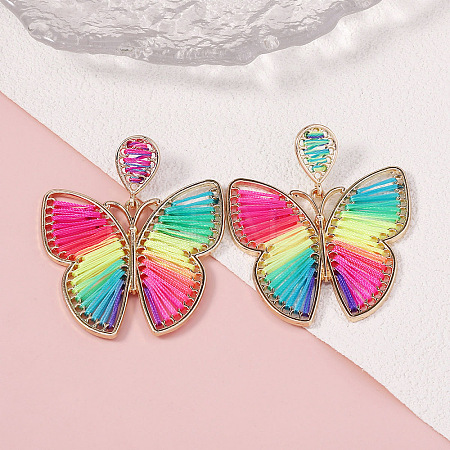 Bohemian Ethnic Style Alloy Frame Cotton Thread Woven Butterfly Stud Dangle Earrings for Women  FG8172-7-1