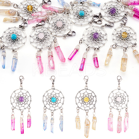 8Pcs 4 Colors Alloy Woven Net/Web with Gemstone Pendants Decorations HJEW-TA0001-30-1