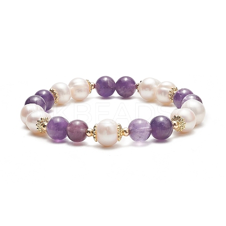Natural Amethyst & Pearl Round Beaded Stretch Bracelet for Women BJEW-JB09246-01-1