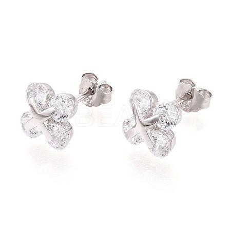 925 Sterling Silver Micro Pave Clear Cubic Zirconia Clover Stud Earrings STER-N016-80P-1