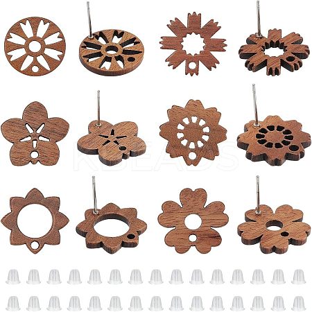 36Pcs 6 Style Walnut Wood Stud Earring Findings MAK-NB0001-11-1