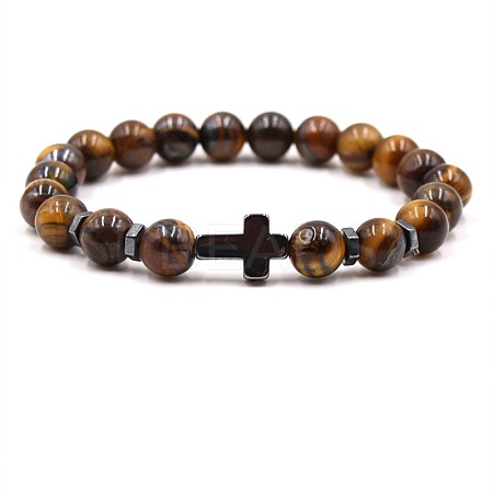 8MM Round Natural Tiger Eye Beaded Stretch Bracelets with Synthetic Non-magnetic Hematite Cross FA1012-2-1