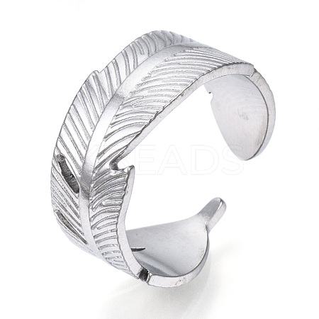 304 Stainless Steel Feather Open Cuff Ring for Women RJEW-N040-30-1