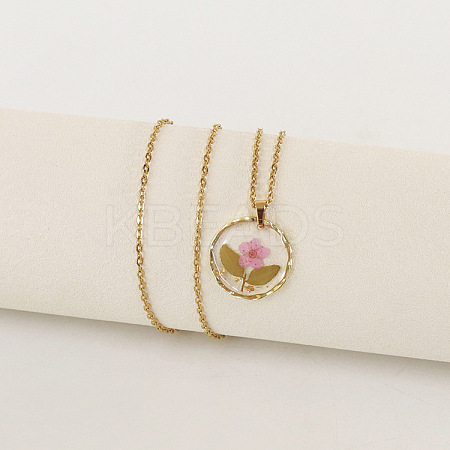 Alloy & Plastic Inner Flower Flat Round Pendant Necklaces FS-WG8915D-17-1