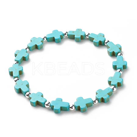Synthetic Turquoise(Dyed) Cross Beaded Stretch Bracelet BJEW-JB08450-02-1