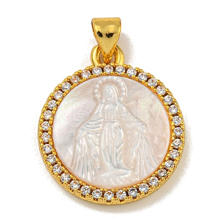 Rack Plating Brass Micro Pave Clear Cubic Zirconia Flat Round Pendants KK-U025-10G-03-1