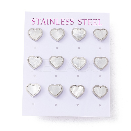 6 Pairs Natural White Shell Heart Stud Earrings EJEW-G291-02P-1
