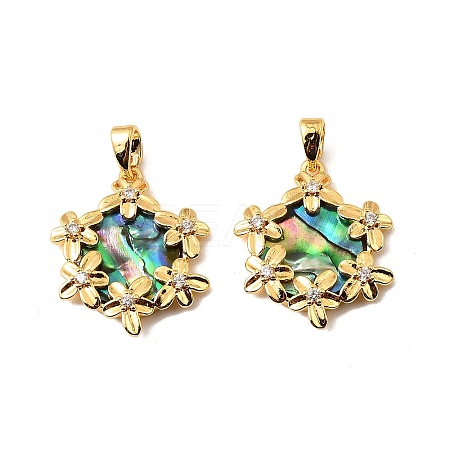 Brass & Paua Shell & Clear Cubic Zirconia Pendants KK-G538-09G-1