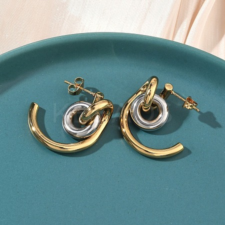 Two Tone C-Shaped with Ring 304 Stainless Steel Stud Earrings LS-EJEW-B156-12GP-1