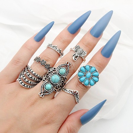 7Pcs Alloy with Synthetic Turquoise Finger Rings FS-WGB916C-02-1