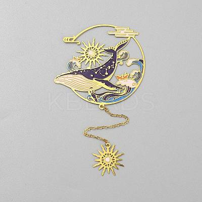 Chinese Style Brass Whale Sun Charms Bookmarks with Chain AJEW-Z042-01G-1