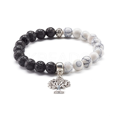 Natural Lava Rock and Synthetic Howlite Round Beads Stretch Bracelet for Men Women BJEW-JB06929-1