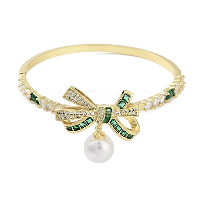 Rack Plating Brass Pave Cubic Zirconia Bowknot Hinged Bangles for Women BJEW-R317-03G-01-1