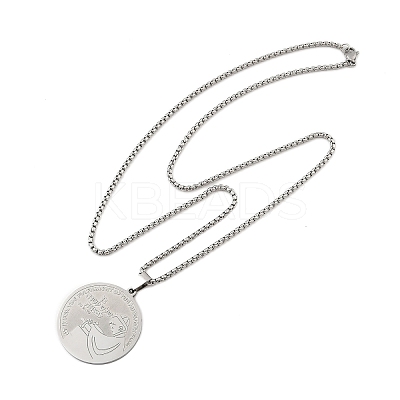 201 Stainless Steel Flat Round with Boy Pendant Box Chain Necklaces for Women Men NJEW-R013-05P-1