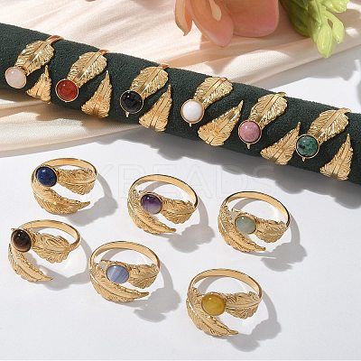 Round Natural Mixed Stone Finger Rings RJEW-C119-08G-1