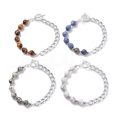 Natural Mixed Stone Round Beaded Bracelets Set with Curb Chain for Men Women BJEW-TA00048-1