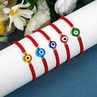 5Pcs 5 Colors Flat Round with Evil Eye Braided Bead Bracelets Set BJEW-SZ0002-18-1