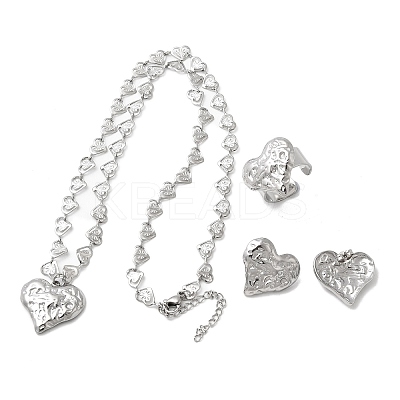 Heart 304 Stainless Steel Pendant Necklaces & Stud Earrings & Cuff Ring Sets for Women LS-SJEW-F226-01P-1