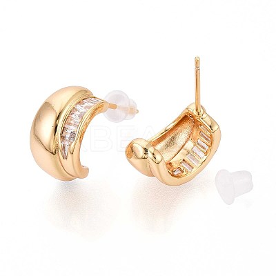 Brass Micro Pave Clear Cubic Zirconia C-Shaped Stud Earrings KK-T071-19G-03-1