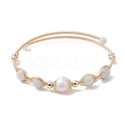 Natural Aquamarine Round Beaded Cuff Bangle BJEW-JB10113-04-1
