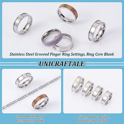 16Pcs 4 Size 201 Stainless Steel Grooved Finger Ring Settings STAS-UN0051-70-1