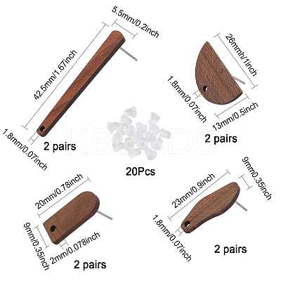 8 Pairs 4 Style Oval & Arch & Half Round Walnut Wood Stud Earring Findings MAK-CA0001-16-1